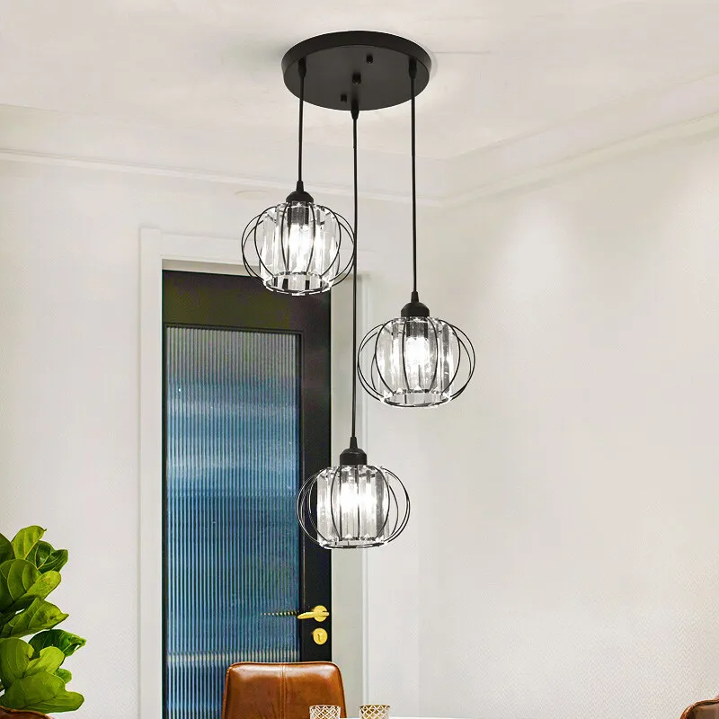 Crystal LED Pendant Lights For Dining Room Living Room Nordic Black Iron Shade 1/3 Lights Kitchen Decor Hanging Ceiling Lamp