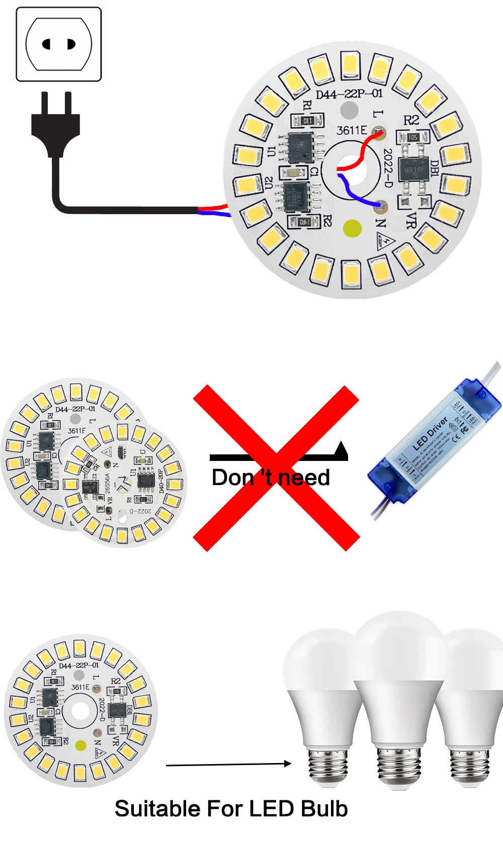 3W 5W 7W 9W 12W 15W 18W 220V High Voltage Light Panel Round Light Panel Driver-Free DIY LED Light Panel Bulb Light Source Board