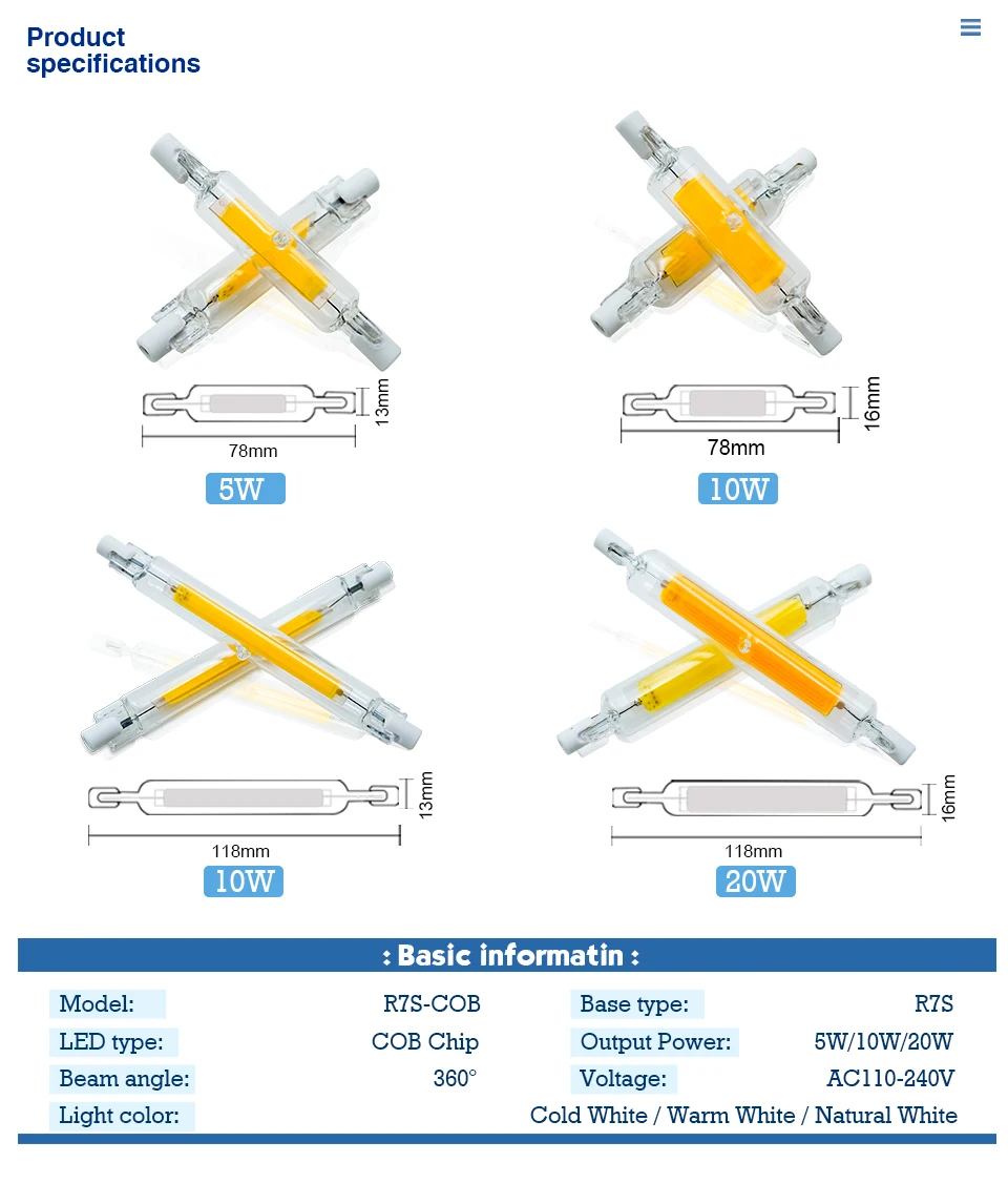 Super Bright LED R7s COB Glass Tube 5W 10W 20W 78mm 118mm J78 J118 Corn Light Bulb AC 220V 110V Home Replace Halogen Lamp