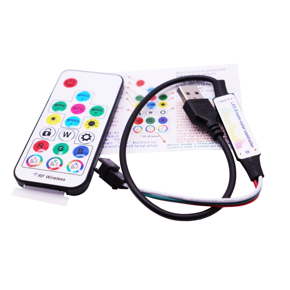 WS2812B WS2811 5050 RGB Led Strip Light Music Controller MINI 17Keys RF Remote Control 370Modes Change DC/USB DC5-24V