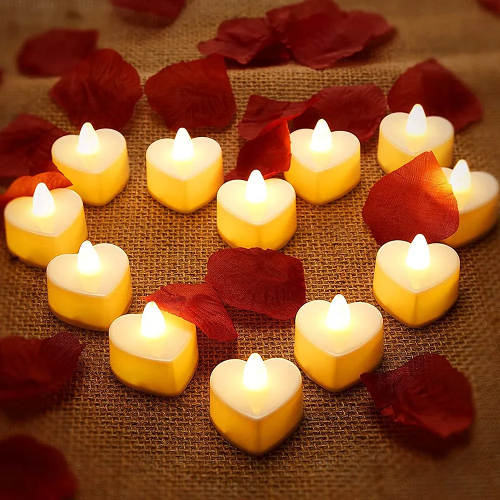 Heart Shaped Candles Led Lights Fake Heart Candles Romantic LED Tealight Flameless Candle for Valentine's Day Party Wedding Nigh