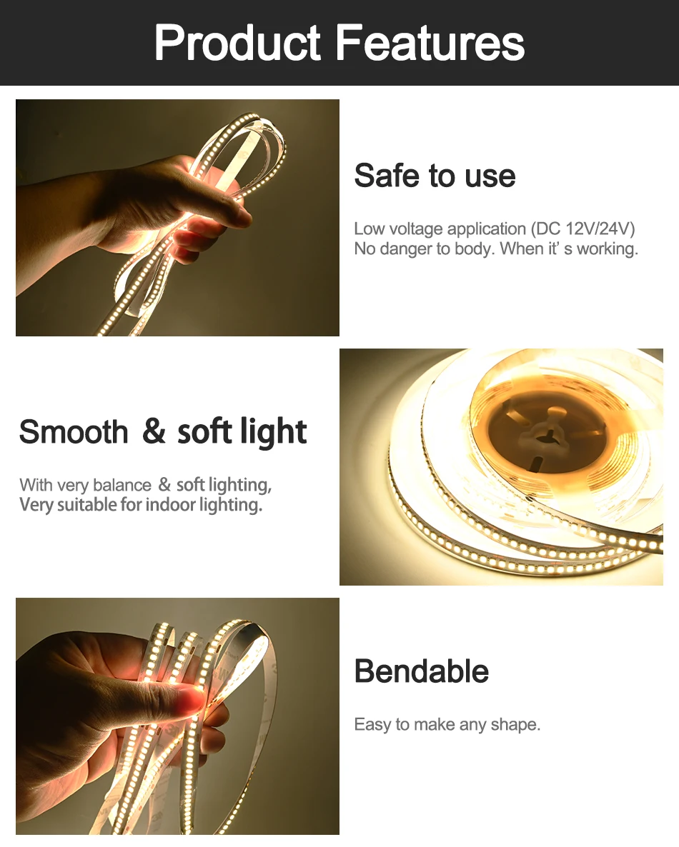 UL Listed SMD2835 LED Strip Light 60/120/240 LEDs/m 16.4ft Flexible Led Tape Ribbon Dimmable Led Lights 3000K-6200K DC12V 24V