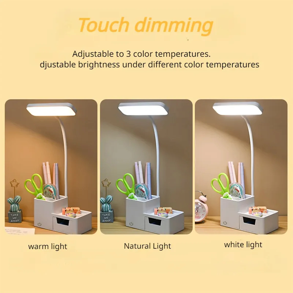 3000XHH Rechargeable Folding Table Lamp LED Touch Dimmable Study USB Reading Light Eye Protection Pen Holder Bedroom Night Light