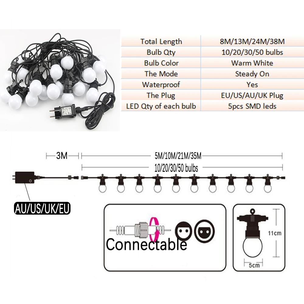 8M/13M/24M/38M LED Globe Ball String Light Street Christmas Fairy Led Festoon Outdoor For Garden Backyard Party Patio Decor