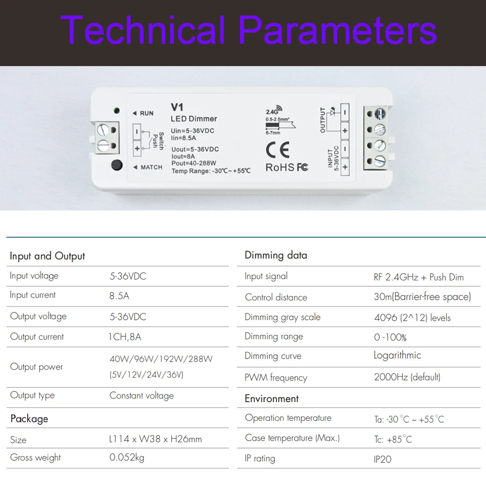 RF Mini Style LED Dimmer KIT Indoor Lighting 12V 24V 1CH Single Color LED Dimming Controller 2.4G Wireless Smart Remote Control