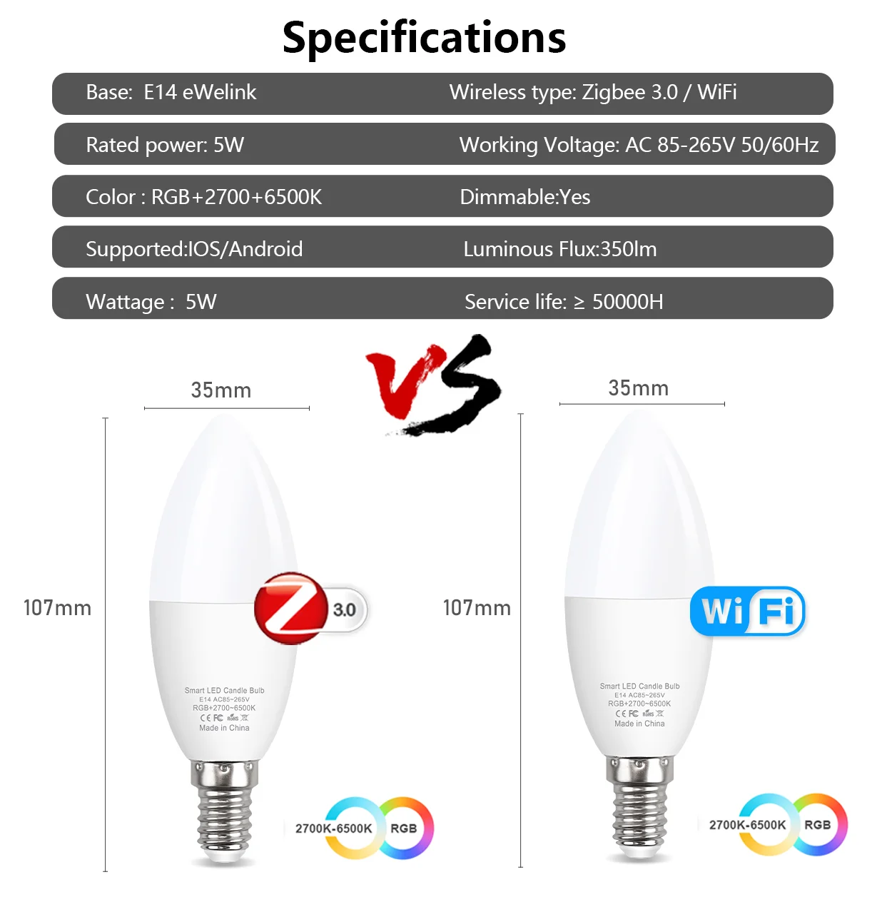 WiFi Zigbee E14 Led Light Bulbs RGBCW Smart Candle Led Lamp Works With Alexa Google Home Yandex Alice Smartthing Home Assistant