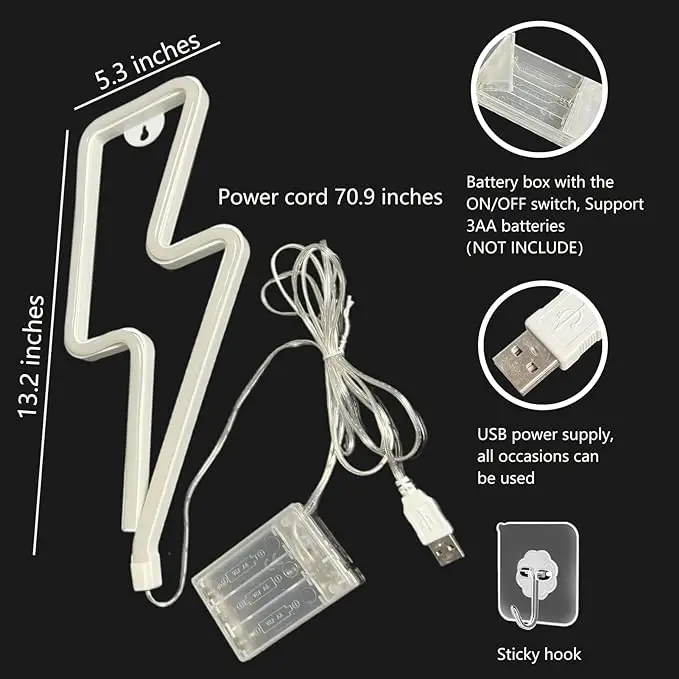 Lightning LED neon light, USB/battery powered, bedroom, gaming room, living room, office, wedding, birthday, party supplies