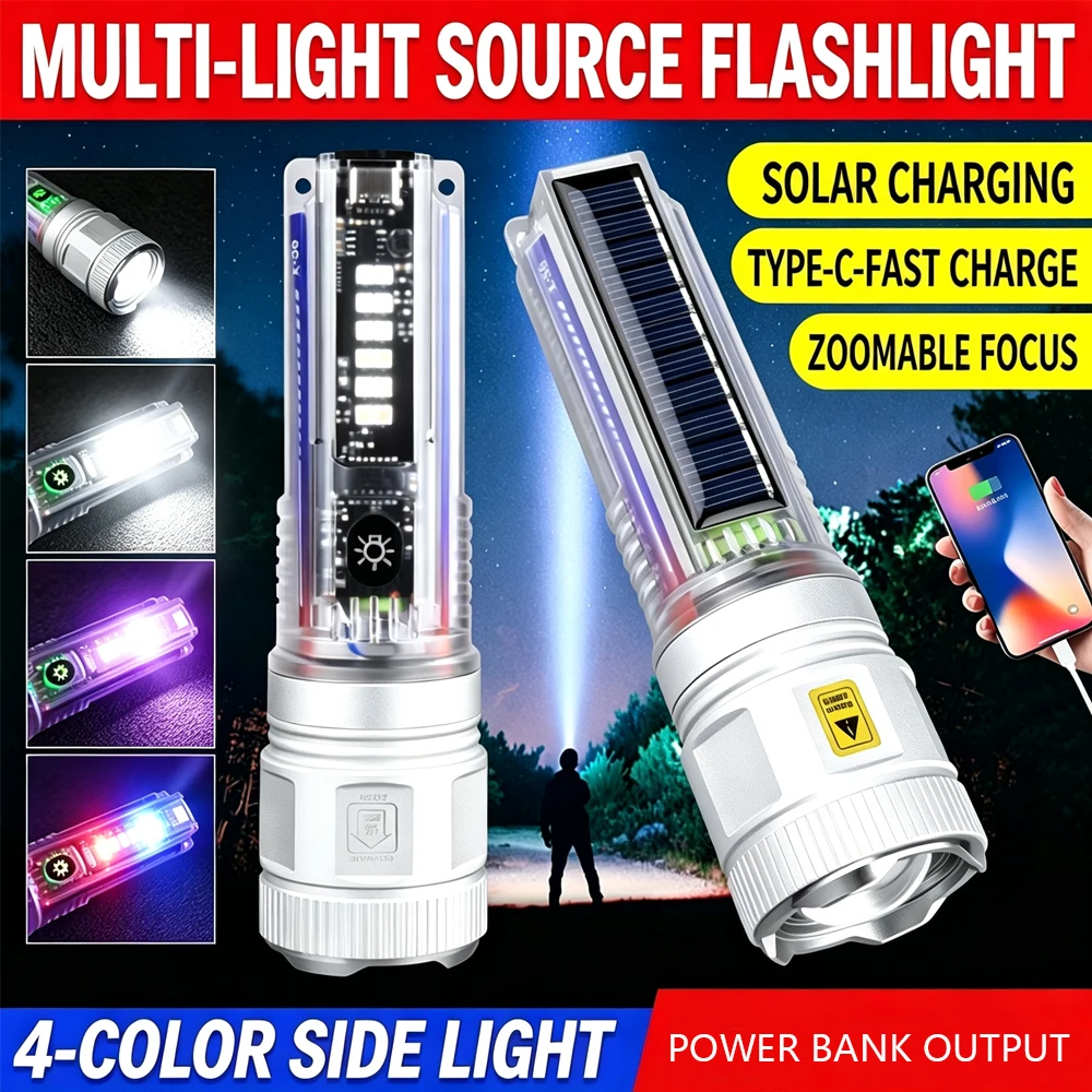 Powerful LED Flashlight With Side Light Multi-function Solar Lanterna Outdoor Long Range Torch USB Rechargeable For Emergency