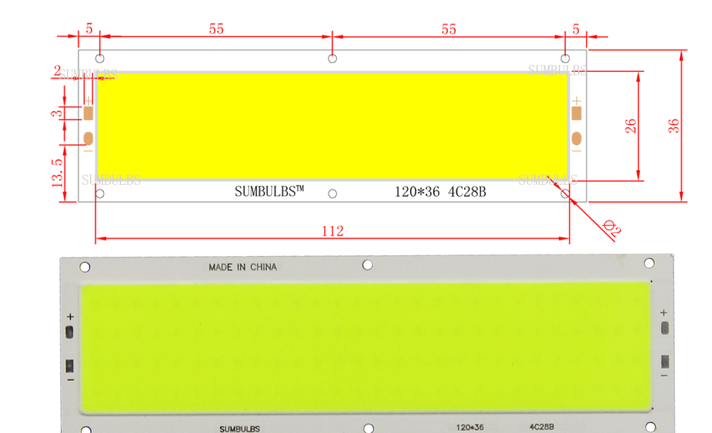 SUMBULBS 16W 1600LM COB LED Strip 120x36mm DC 12V Input DIY for Car Lights Work Lamps Home Bulbs Bar COB Chips