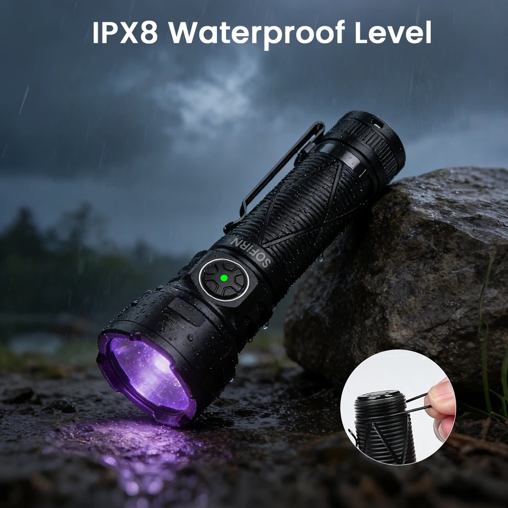 SOFIRN SR15 UV Flashlight 365nm USB C Rechargeable SST08-UV LED 21700 1000LM IPX8 Waterproof Magnetic Tail Cap for Camping