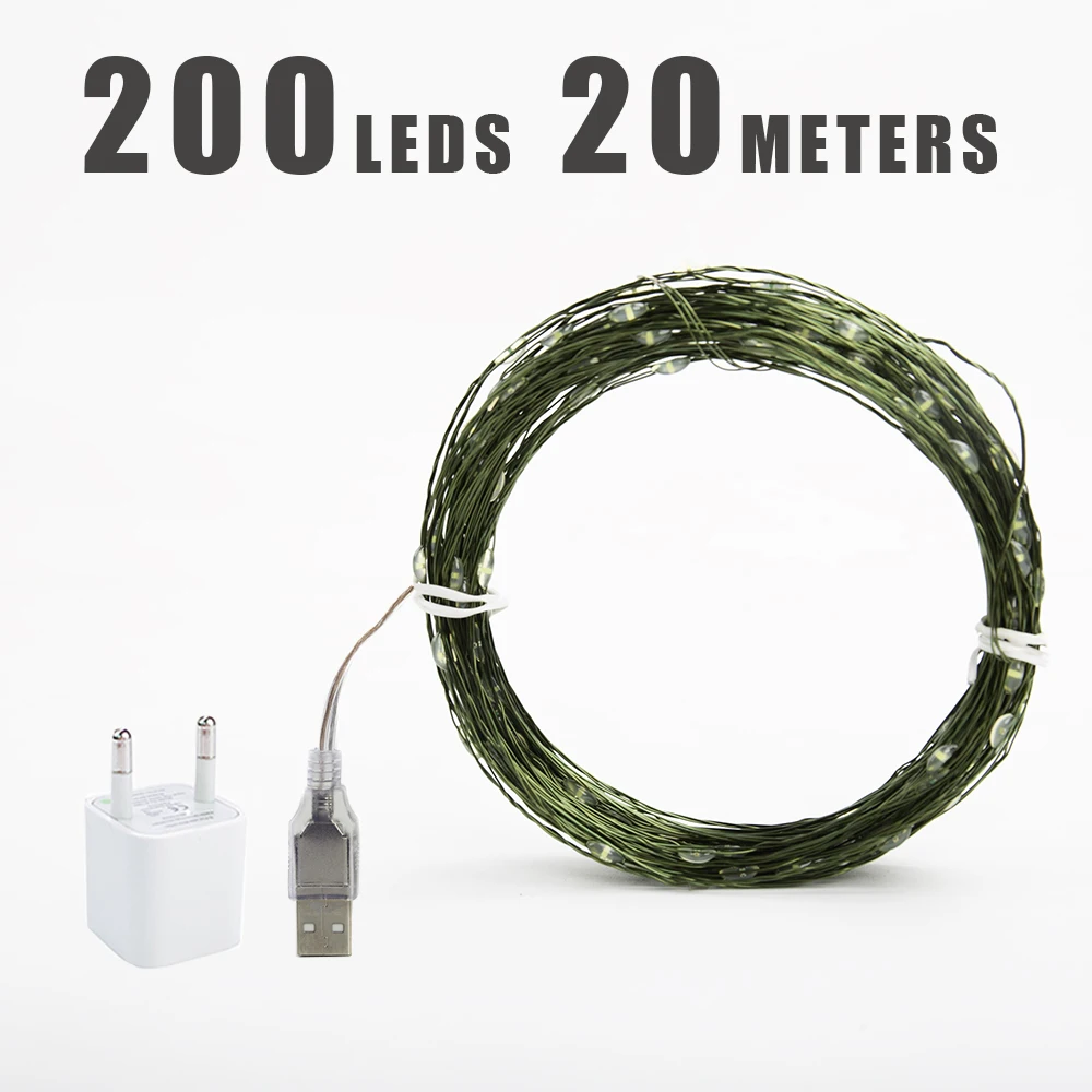 Green Cable LED Christmas String Fairy Lights Garland Outdoor Waterproof For Birthday Party Halloween Garden Room Decoration