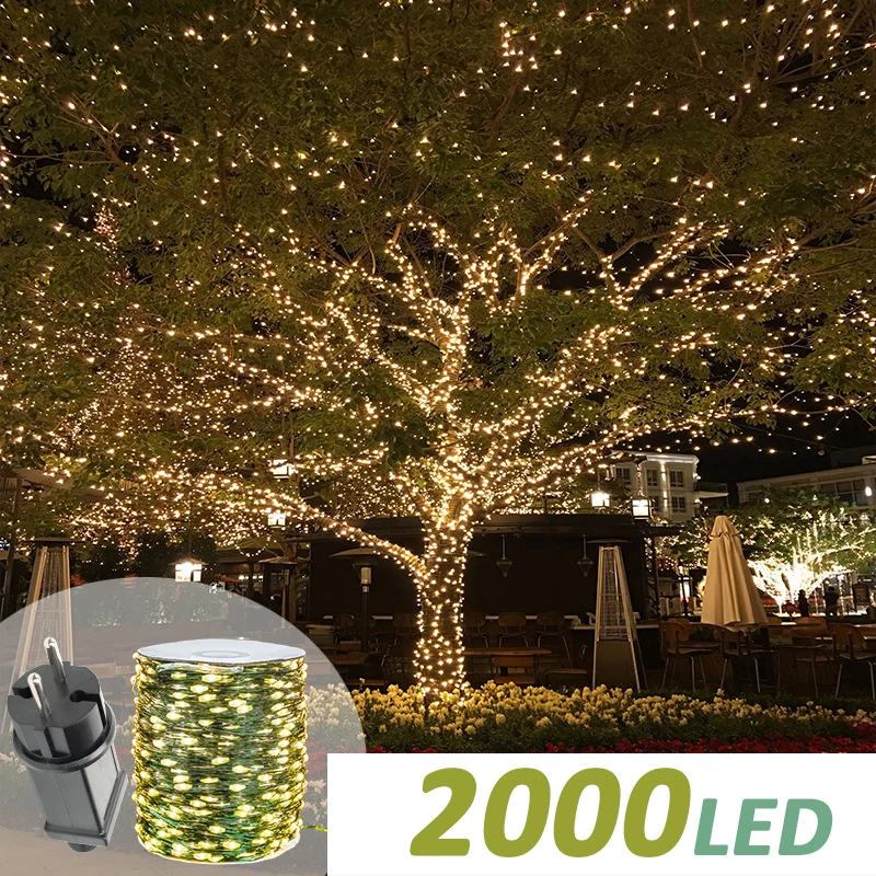 Green Cable LED Christmas String Fairy Lights Garland Outdoor Waterproof For Birthday Party Halloween Garden Room Decoration
