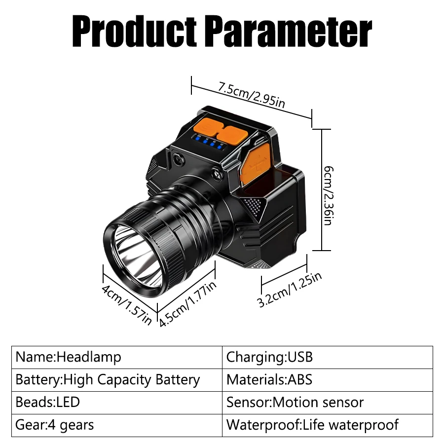 Super Bright LED Headlamp Fishing Headlight Portable Flashlight ZOOM Sensor Rechargeable Outdoor Waterproof Camping Hunting 20W