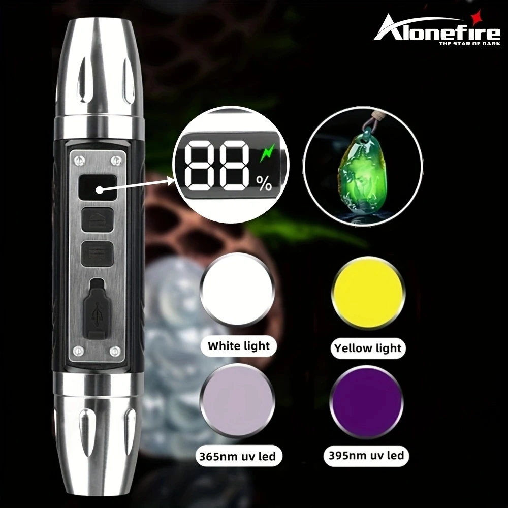 4-in-1 White Yellow UV 365nm/395nm LED LCD Flashlight USB Charging Jewelry Jade Stone Pet Stains Marker Ore Money Scorpion Light