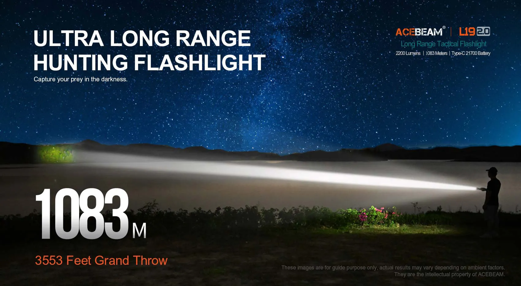 ACEBEAM L19 2.0 Hunting Flashlight Max 2200 Lumens 1520 Meters Long-Rang Rechargeable Flashlight for Hunting Powerful LED Torch