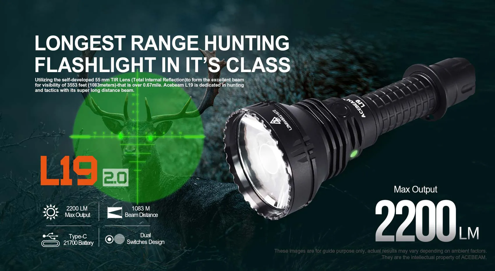 ACEBEAM L19 2.0 Hunting Flashlight Max 2200 Lumens 1520 Meters Long-Rang Rechargeable Flashlight for Hunting Powerful LED Torch
