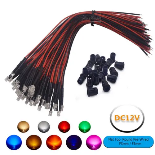 20pcs 3mm/5mm 5V 12V 24V LED Red RGB Pre-Wired Water Clear Flat LED Light Emitting Diodes