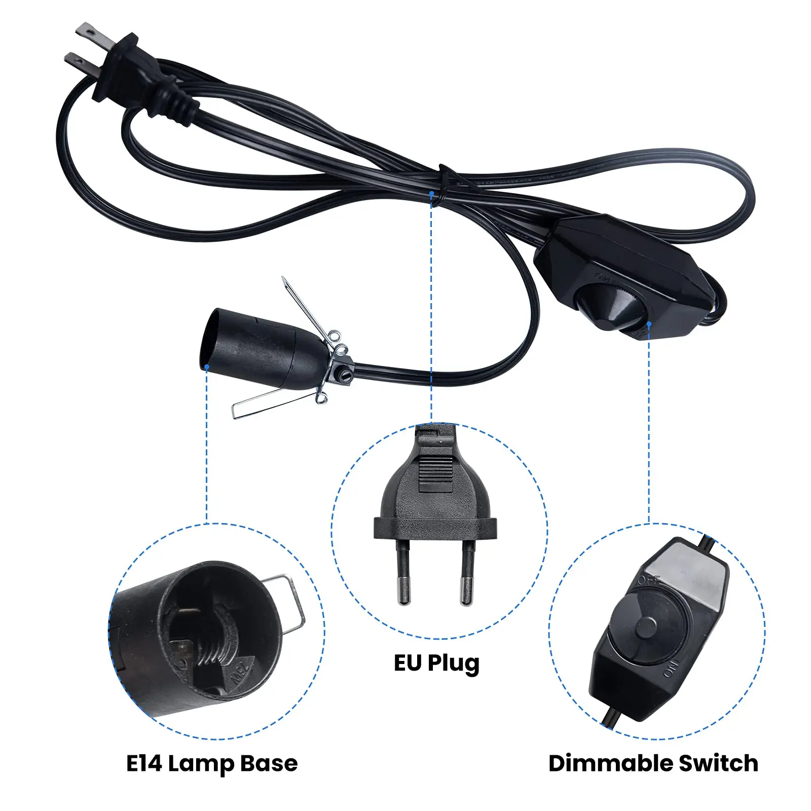 1.8m Power Cord Cable Wire with Dimmable Switch E27 Metal Clip E14 Socket Lamp Base Hanglamp Holder EU Cord for Salt Rock Lamps
