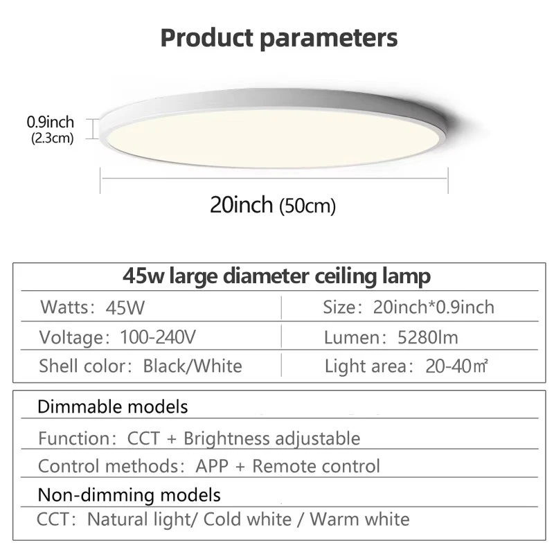 50CM Large Ceiling Lamp Smart APP/Remote Control Dimmable for Bedroom 48W Ceiling Lights AC 110/220V LED Lights for Living Room