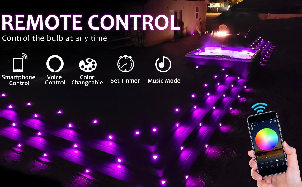 QACA WIFI RGB LED Deck Ligths IP67 Waterproof Colorful Outdoor Recessed Lighting for Yard Garden Deck Scenery Stairs Patio Step
