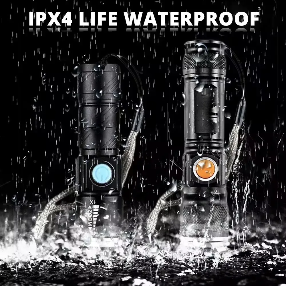 Powerful LED Flashlight With Tail USB Charging Head Zoomable Waterproof Torch Portable Light 3 Lighting Modes Built-in Battery