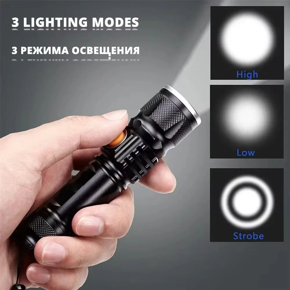 Powerful LED Flashlight With Tail USB Charging Head Zoomable Waterproof Torch Portable Light 3 Lighting Modes Built-in Battery