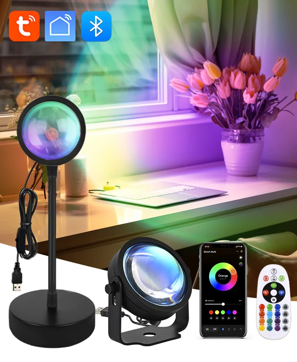 Smart Sunset Lamp Tuya USB Sunset Projector Light RGB Smart Life APP Remote For Room Photography Background Decor Lighting