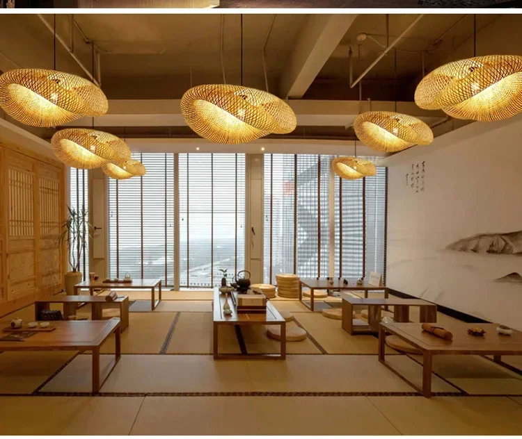 Bamboo Hand Weaving Pendant Lights 38cm Hanging LED Ceiling Lamp Chandelier Fixture Rattan Hand Craft Woven Home Bedroom Decor