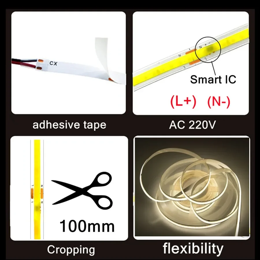 1-5m 220V Flexible Tape Lights COB LED Strip Light Smart IC No Need Driver High Bright 240 LEDs Linear Lighting RA95 Warm White