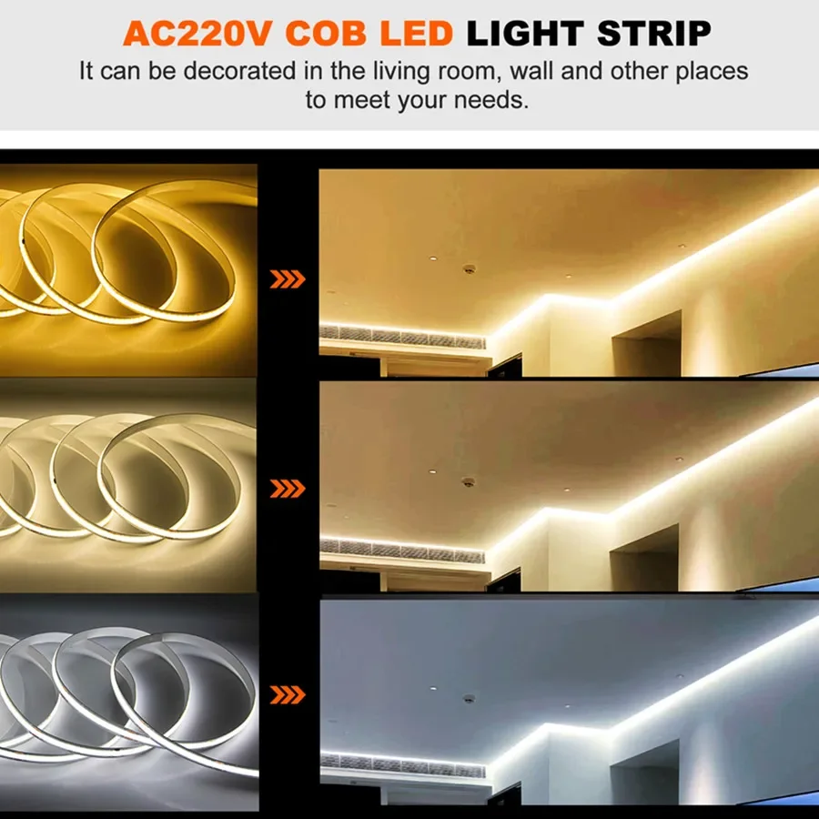 1-5m 220V Flexible Tape Lights COB LED Strip Light Smart IC No Need Driver High Bright 240 LEDs Linear Lighting RA95 Warm White