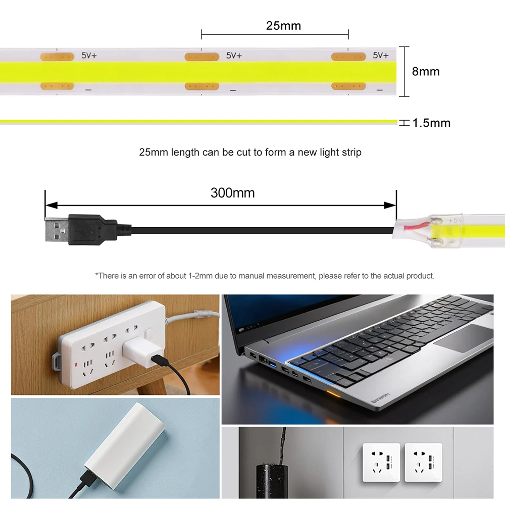 DC 5V COB LED Strip Light With USB 2PIN Wire DC Plug 8MM 320LED High Density Flexible Tape 3000K 4000K 6000K Warm Natural White