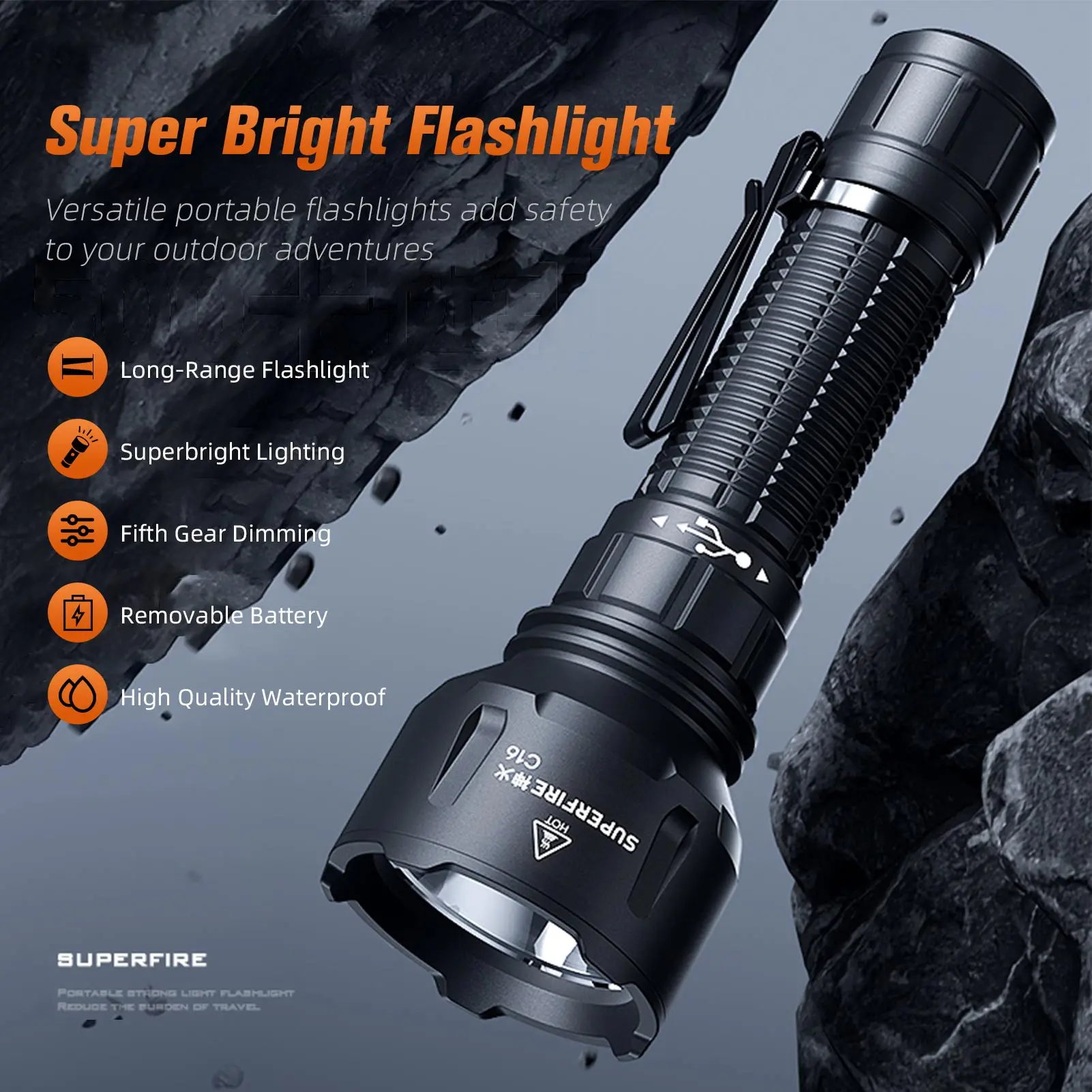 SUPERFIRE C16 Rechargeable led flashlight 40W high power Torch 500M Long Range With Battery Outdoor Waterproof Camping Lantern