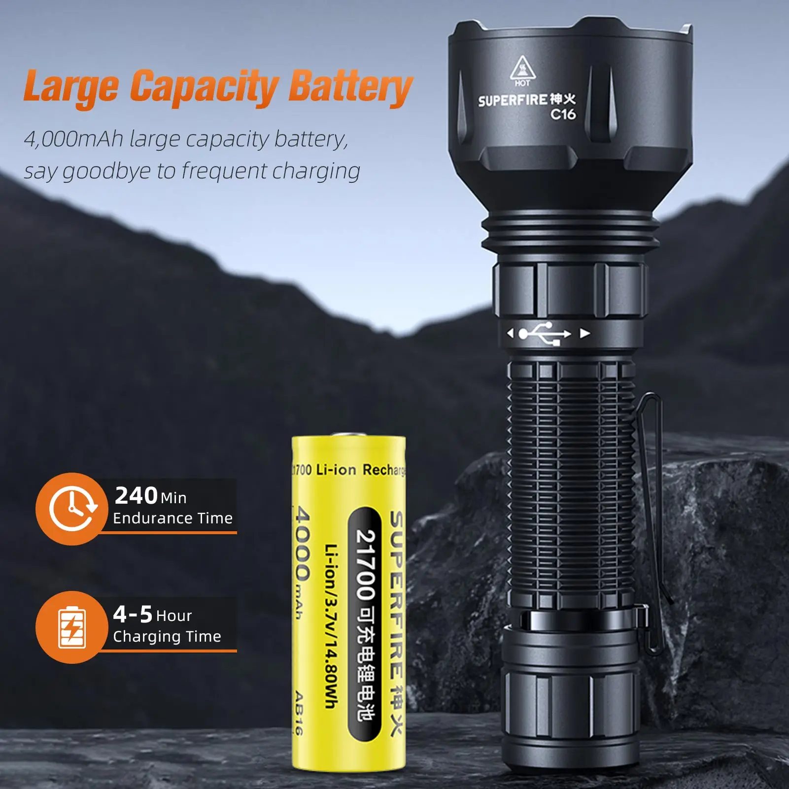 SUPERFIRE C16 Rechargeable led flashlight 40W high power Torch 500M Long Range With Battery Outdoor Waterproof Camping Lantern