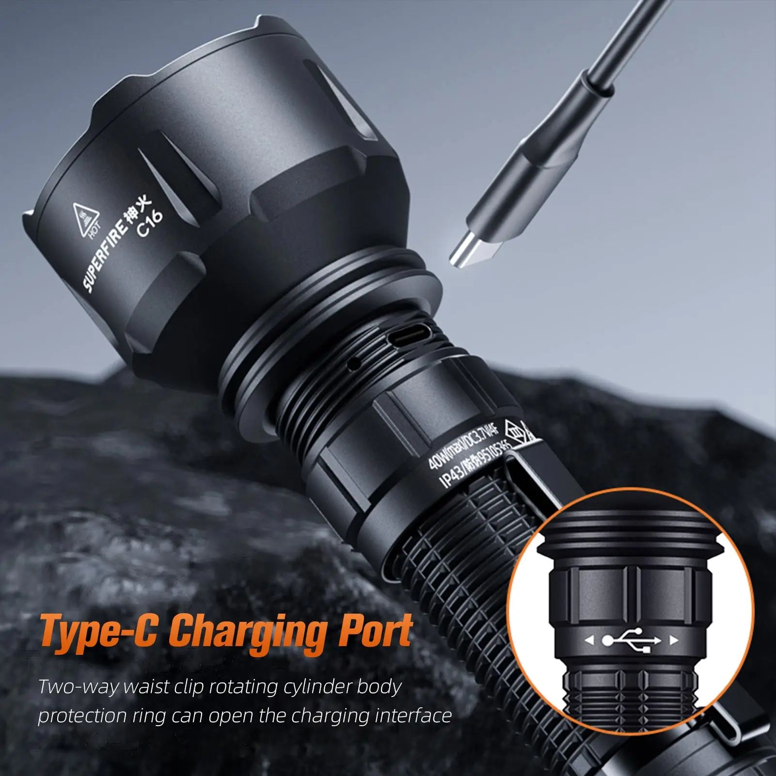 SUPERFIRE C16 Rechargeable led flashlight 40W high power Torch 500M Long Range With Battery Outdoor Waterproof Camping Lantern