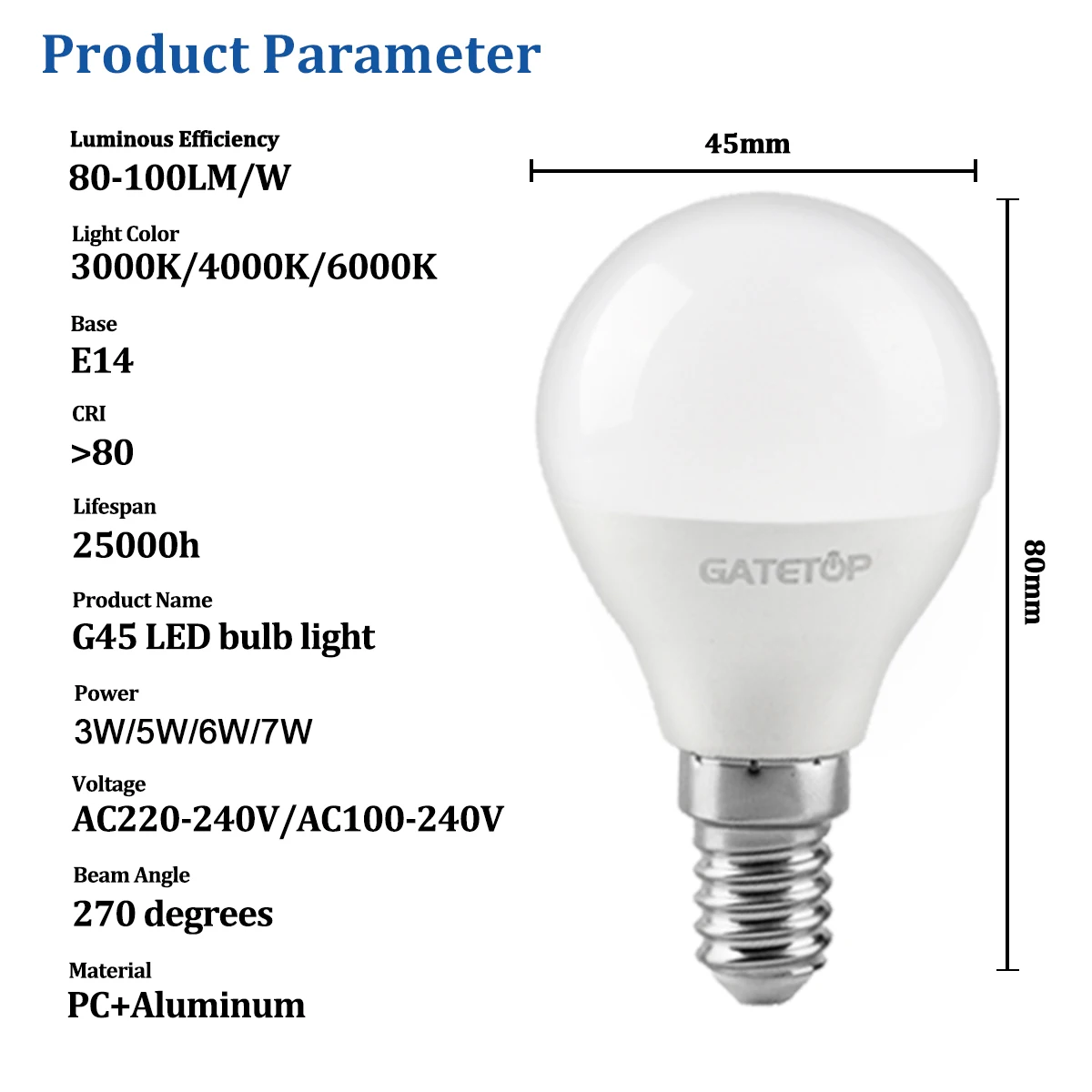 5-Pack G45 E14 LED Light Bulb  AC 220V 110V 120V 3W 5W 6W 7W POWER Eco-Friendly Mini Lamp Non-Flicker 3000K 4000K 6000K Bulb