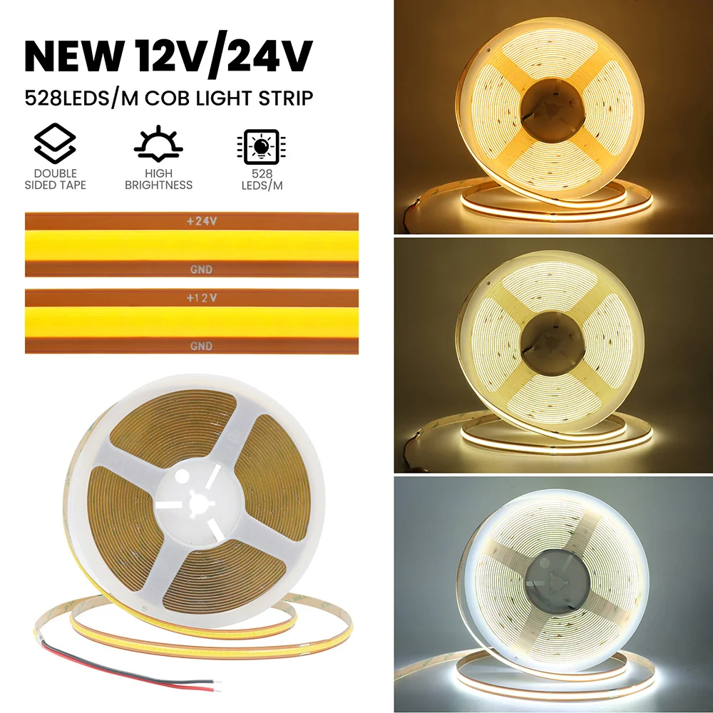 12V 24V 5m 10m 20m COB LED Strip Light Free Cut 720 528 LEDs Flexible Tape Bright Linear Lighting 3000K 4000K 6000K 1m 2m 0.5m