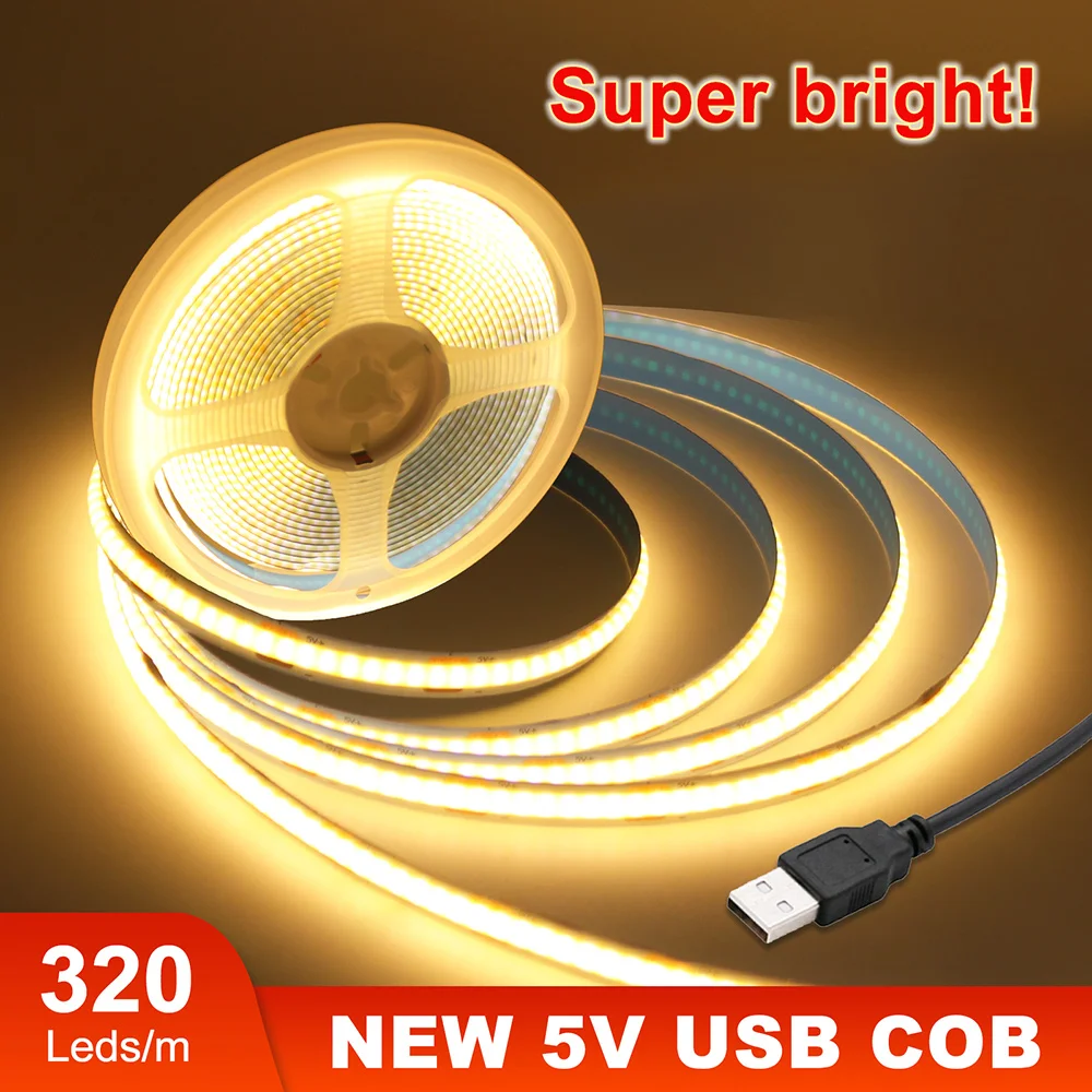 New 5V USB COB Strip Light 320Leds/m Warm Natural White Cabinet Lamp Night Lighting Flexible LED Ribbon Stripe DC5V TV Backlight