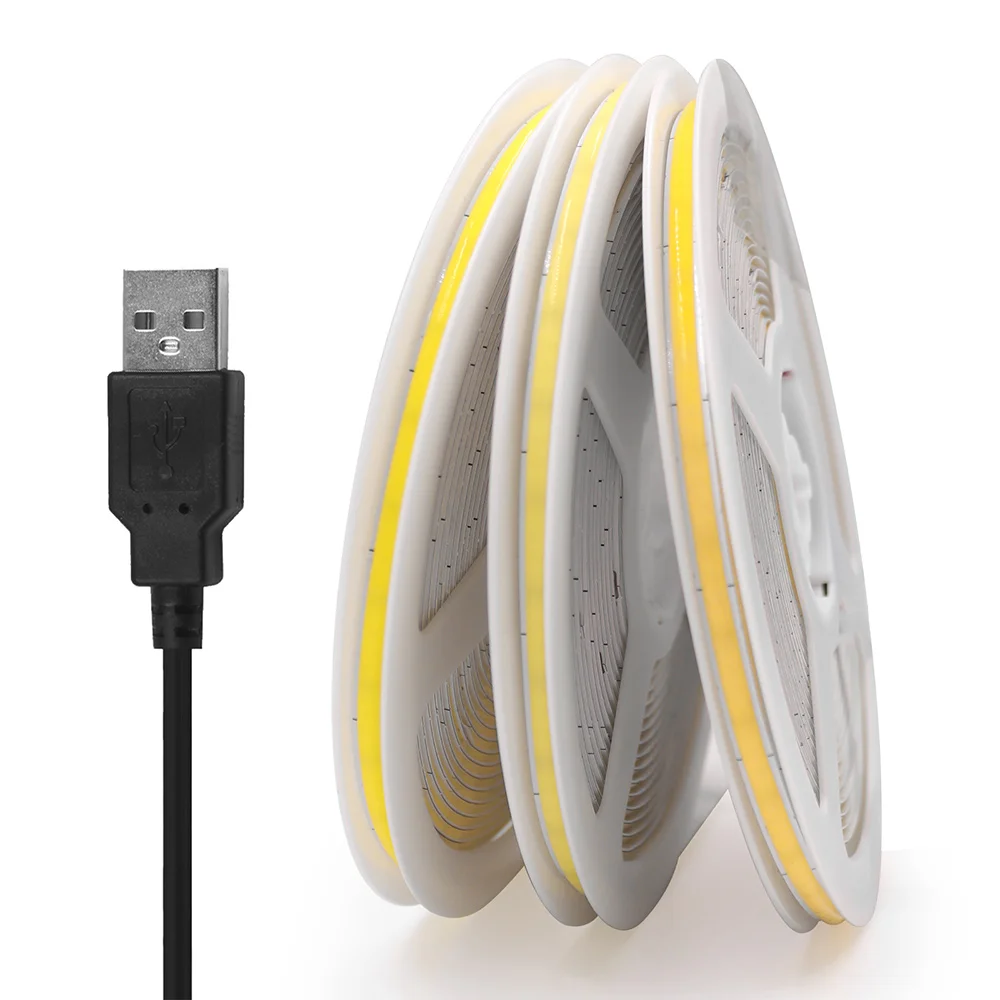 New 5V USB COB Strip Light 320Leds/m Warm Natural White Cabinet Lamp Night Lighting Flexible LED Ribbon Stripe DC5V TV Backlight