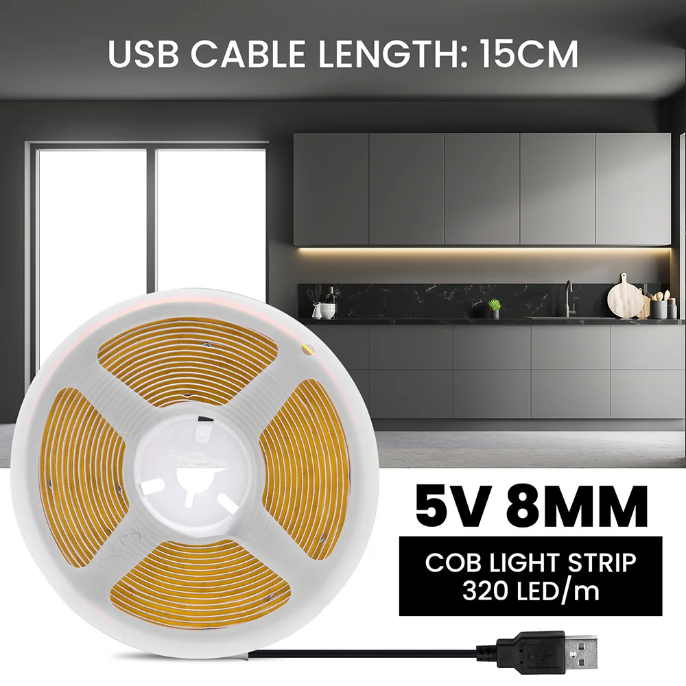 New 5V USB COB Strip Light 320Leds/m Warm Natural White Cabinet Lamp Night Lighting Flexible LED Ribbon Stripe DC5V TV Backlight