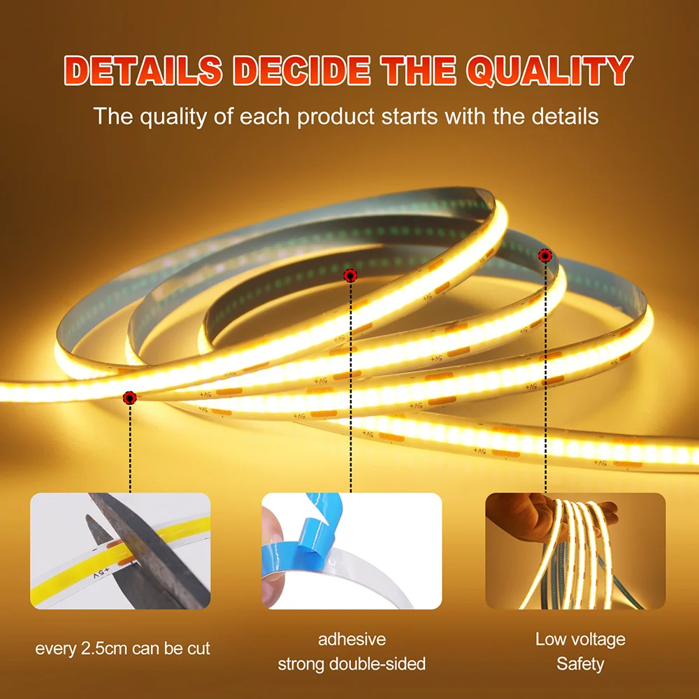 New 5V USB COB Strip Light 320Leds/m Warm Natural White Cabinet Lamp Night Lighting Flexible LED Ribbon Stripe DC5V TV Backlight