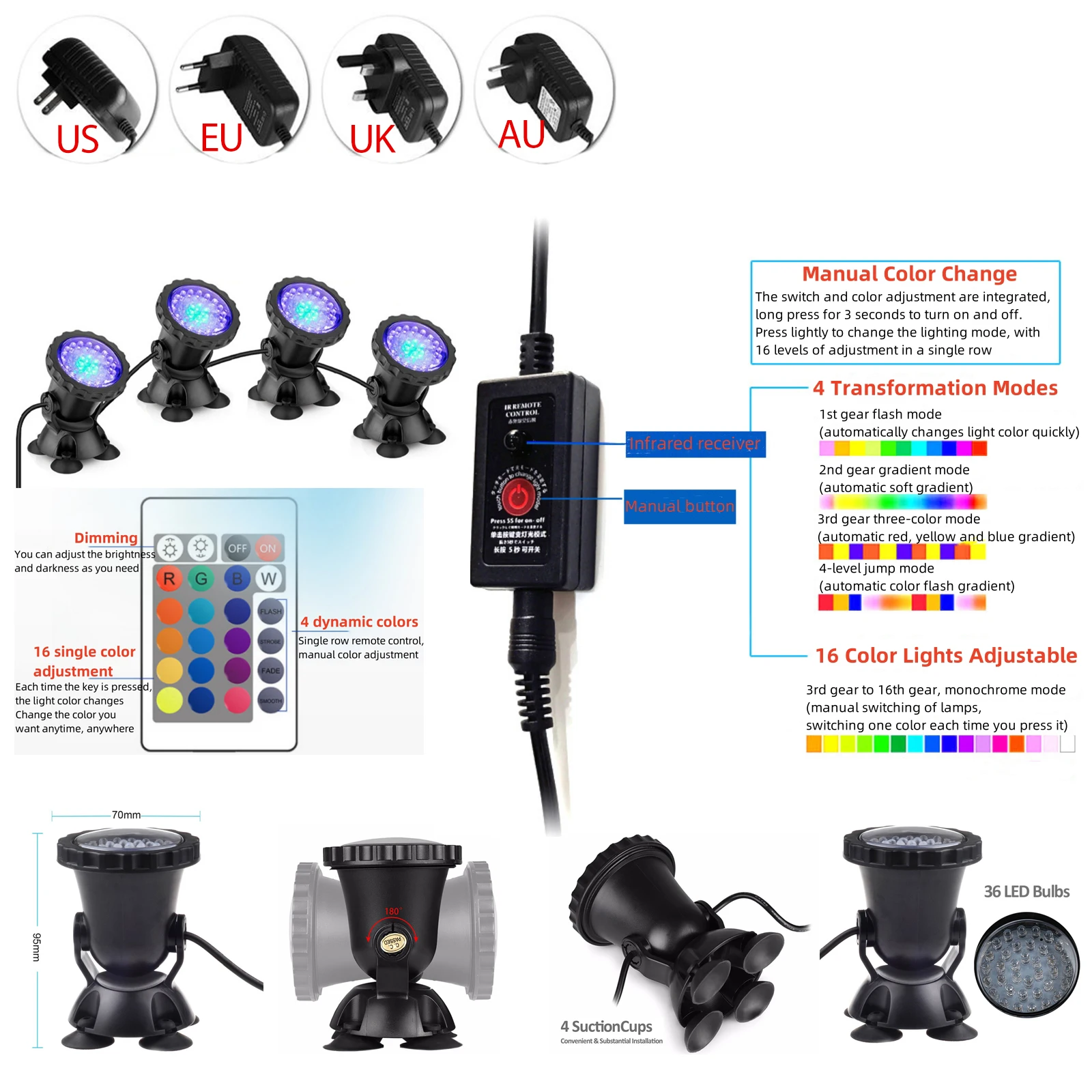 IP68 Waterproof Underwater LED Lights 12V RGB Multicolour Aquarium Light Garden Fountain Pond Fish Tank Swimming Pool Spot Lamp