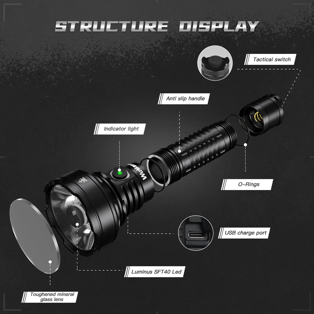 Wurkkos TD01C 21700 Tactical Flashlight LED USB-C 1800Lm Rechargeable Torch Buck Constant Current Driver 1000M IPX8 Tail Switch