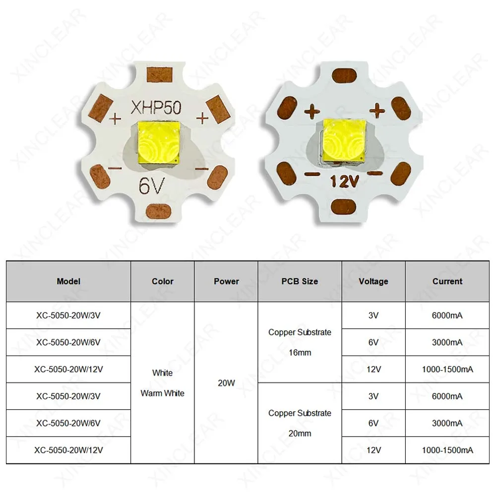 1PCS LED Flashlight 5050 Chips High Power White Warm White XHP50 20W Lamp Beads 3V 6V 12V Copper Plate Bead Accessories