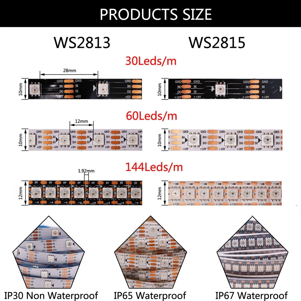 WS2812B WS2815 WS2813 Individually Addressable RGBIC LED Strip WS2811 WS2812 30/60/144Pixels/Leds/m Smart Tape Light DC5V/12V