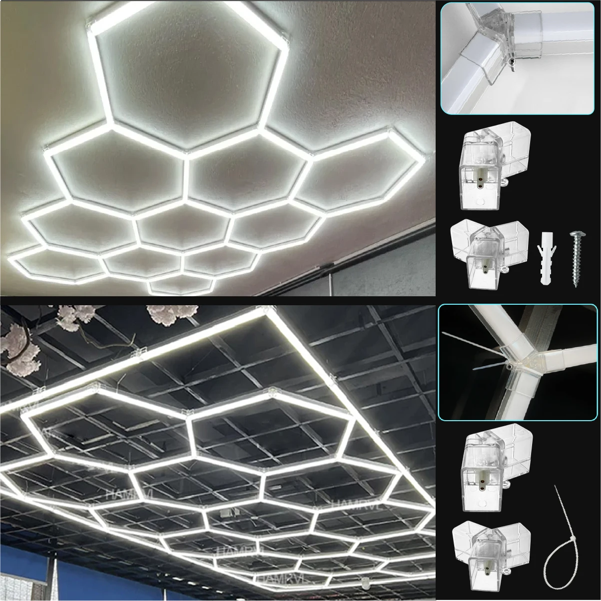 Dimmable Hexagon Garage Lights 3 Color Change 6000K4000K3000K Gym Honeycomb LED Tube Car Detail Workshop Barber Ceiling Lighting