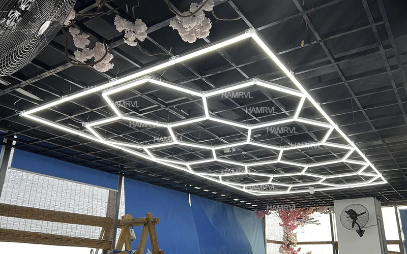 Dimmable Hexagon Garage Lights 3 Color Change 6000K4000K3000K Gym Honeycomb LED Tube Car Detail Workshop Barber Ceiling Lighting
