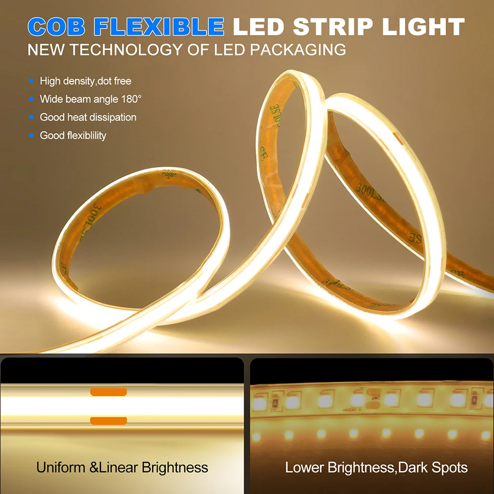 12V 24V COB LED Strip Light DC Plug/2Pin Wire Hight Bright Waterproof Flexible Tape 480LED/m Warm Natural White 5M 10M 20M 0.5M