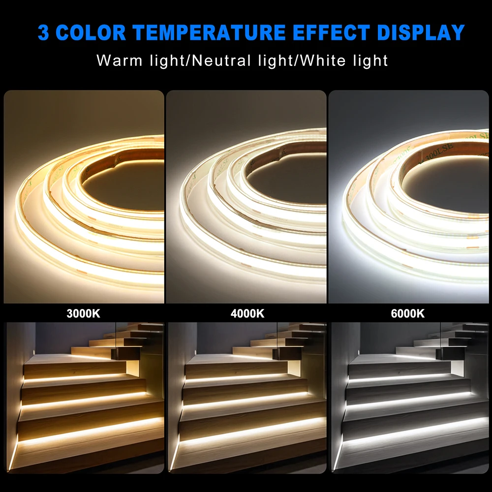 12V 24V COB LED Strip Light DC Plug/2Pin Wire Hight Bright Waterproof Flexible Tape 480LED/m Warm Natural White 5M 10M 20M 0.5M