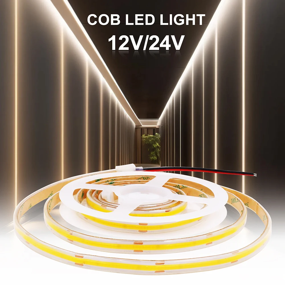 12V 24V COB LED Strip Light DC Plug/2Pin Wire Hight Bright Waterproof Flexible Tape 480LED/m Warm Natural White 5M 10M 20M 0.5M