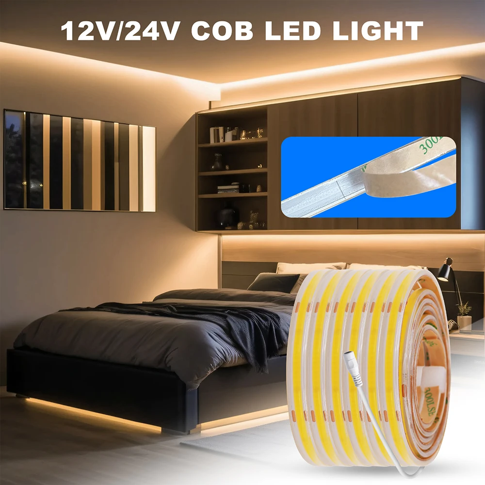 12V 24V COB LED Strip Light DC Plug/2Pin Wire Hight Bright Waterproof Flexible Tape 480LED/m Warm Natural White 5M 10M 20M 0.5M